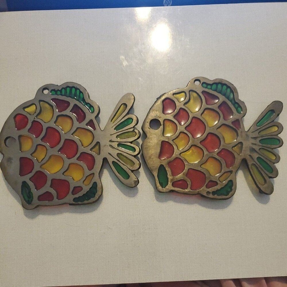2 Vintage Metal Fish Shaped Trivet Hot Plate Hanging Stained Glass Red Yellow